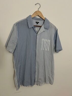 Express Blue and White Striped Short Sleeve Button-Up Shirt